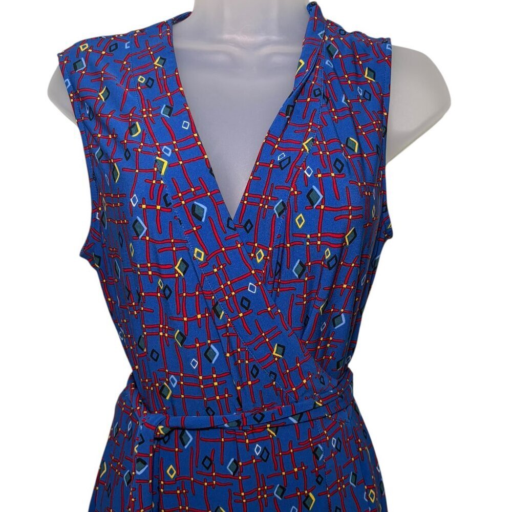 Anne Klein Blue Geo Print Wrap Dress Size 10 Tie Waist V-Neck - Picture 3 of 6